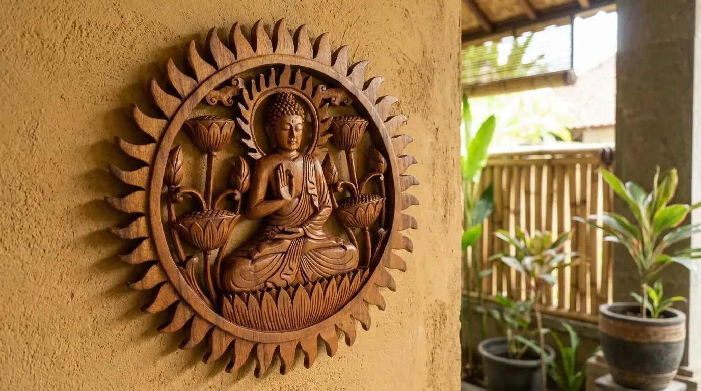 Panneau Mural Bouddha et Lotus Sculpté à la Main en Bois de Suar – 40 cm