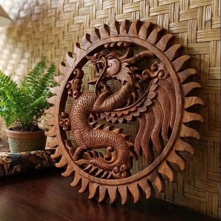 Panneau mural circulaire en bois de Suar massif sculpté main, motif Dragon de sagesse oriental entouré de flammes, décoration spirituelle artisanale indonésienne 40cm.