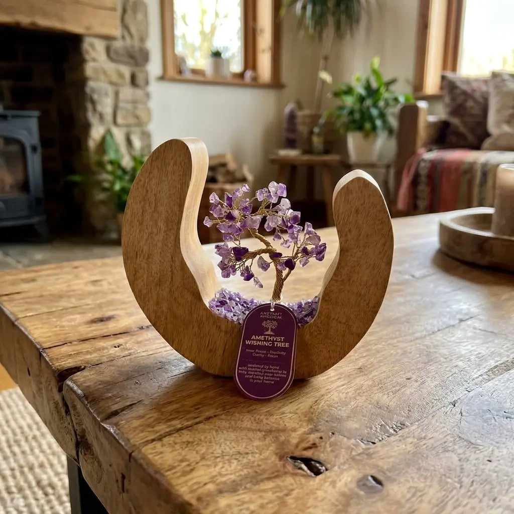 Arbre de vie en améthyste naturelle — 320 g — Bois de manguier et éclats de quartz violet