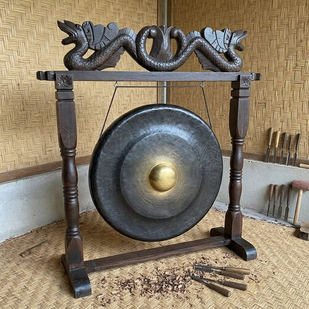 Grand Gong Balinais sur Support Sculpté – Gong Ø 80 cm – Hauteur totale 130 cm