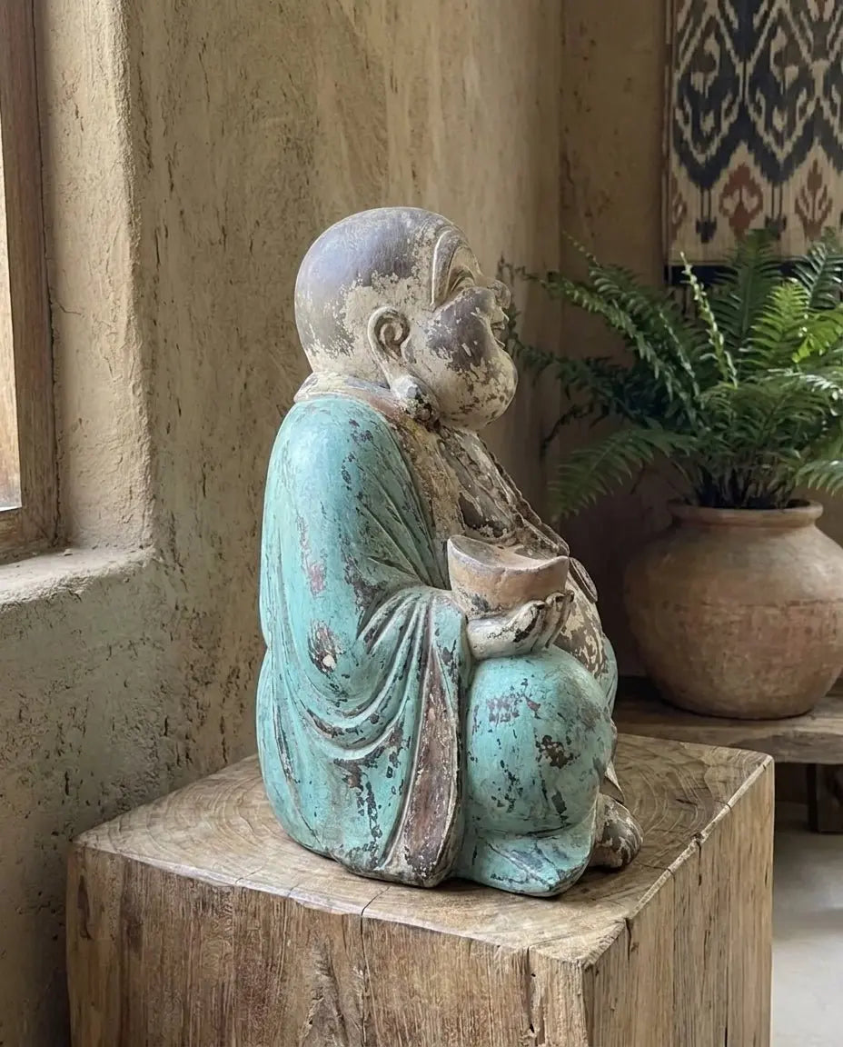 Statue de Bouddha sculptée à la main - 40 cm - Bouddha joyeux bleu vintage - Karmic Artisan