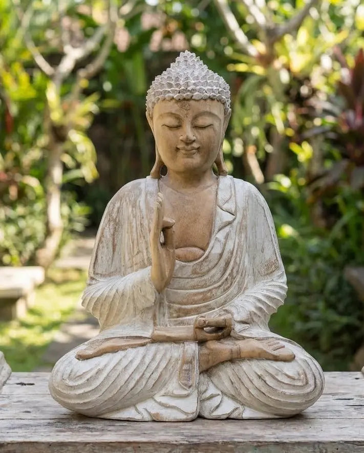Statue Bouddha Assis 40 cm en Bois de Suar – Vitarka Mudra, Finition Blanchie à la Chaux (Artisanat Bali)