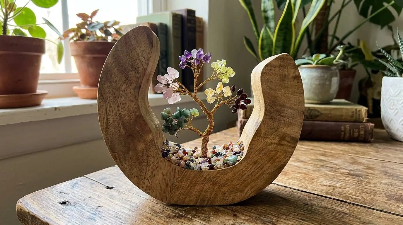 Jardin d’arbres en pierres des sept chakras (60 éclats) — anneau ouvert en bois de manguier