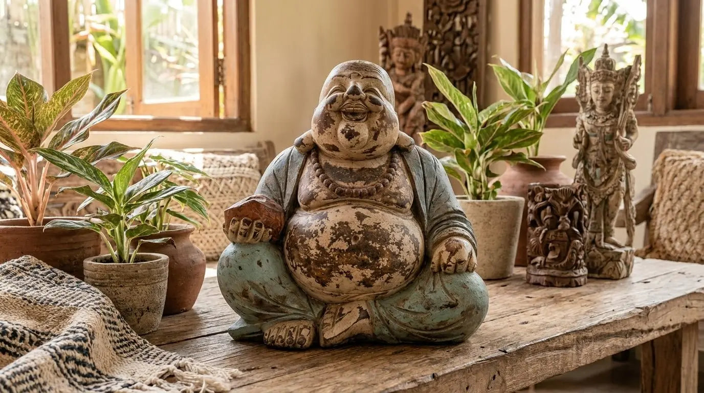 Statue Bouddha Rieur 30 cm en Bois de Suar – Finition Vintage Bleu Menthe (Artisanat Bali)