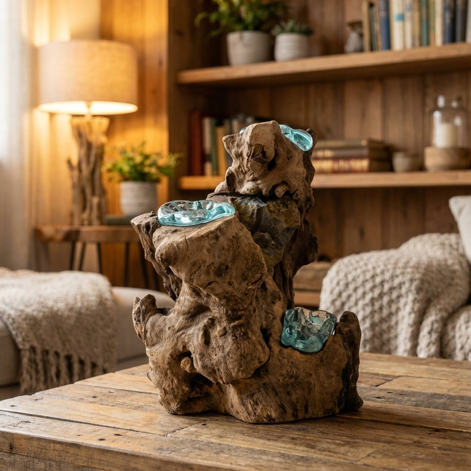 Bougeoir Triple en Verre en Fusion sur Racine de Gamal - Pièce Artisanale Balinaise