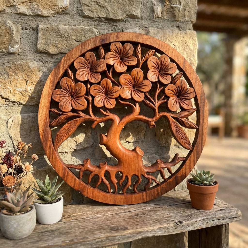 Panneau Mural Arbre de Vie Frangipanier sculpté à la main en Bois de Suar – 40 cm  Karmic Artisan
