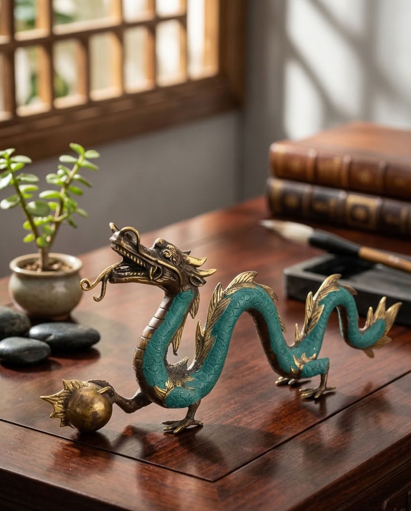 Dragon chinois en laiton fait main – Sculpture Feng Shui 20 cm
