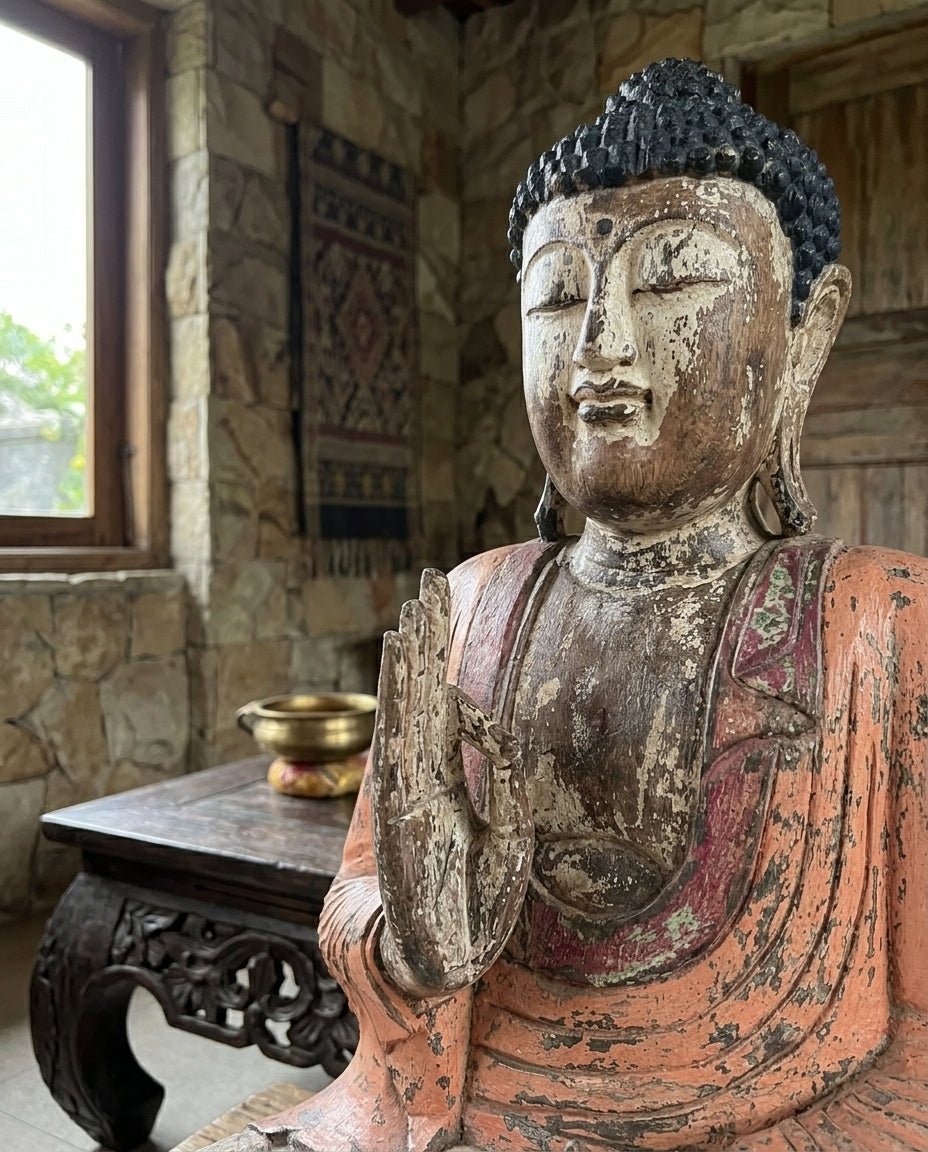 Kézzel faragott, vintage narancssárga Buddha-szobor részletei – 60 cm – Tanítás átadása