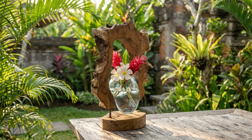 Vase Suspendu en Verre Soufflé à la Main sur Bois de Gamal – Pièce Unique Artisanale Bali