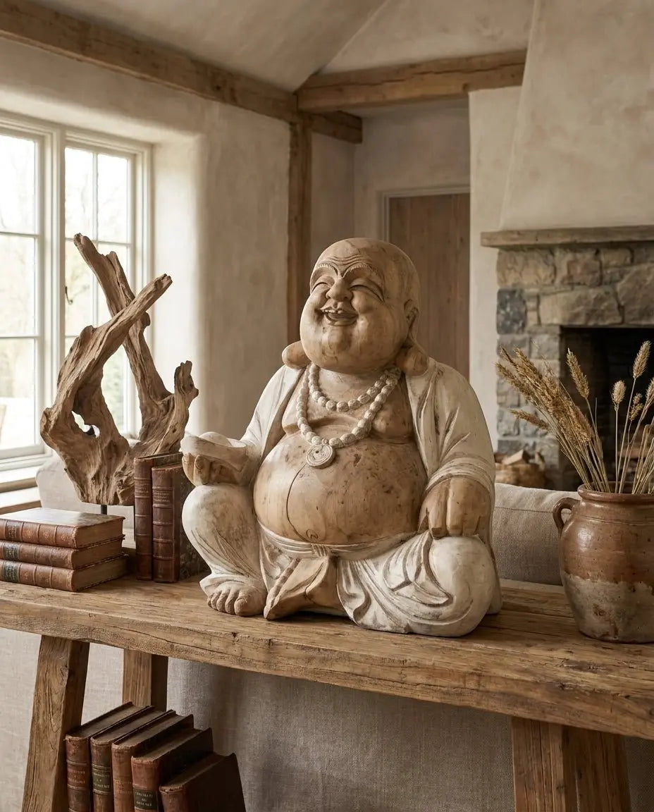 Statue de Bouddha Rieur Monumental en Bois de Suar - 50 cm - Artisanat Balinais - 18kg