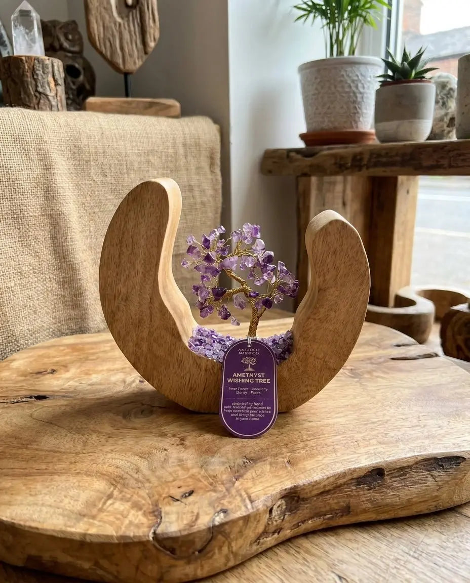 Arbre de vie en améthyste naturelle — 320 g — Bois de manguier et éclats de quartz violet