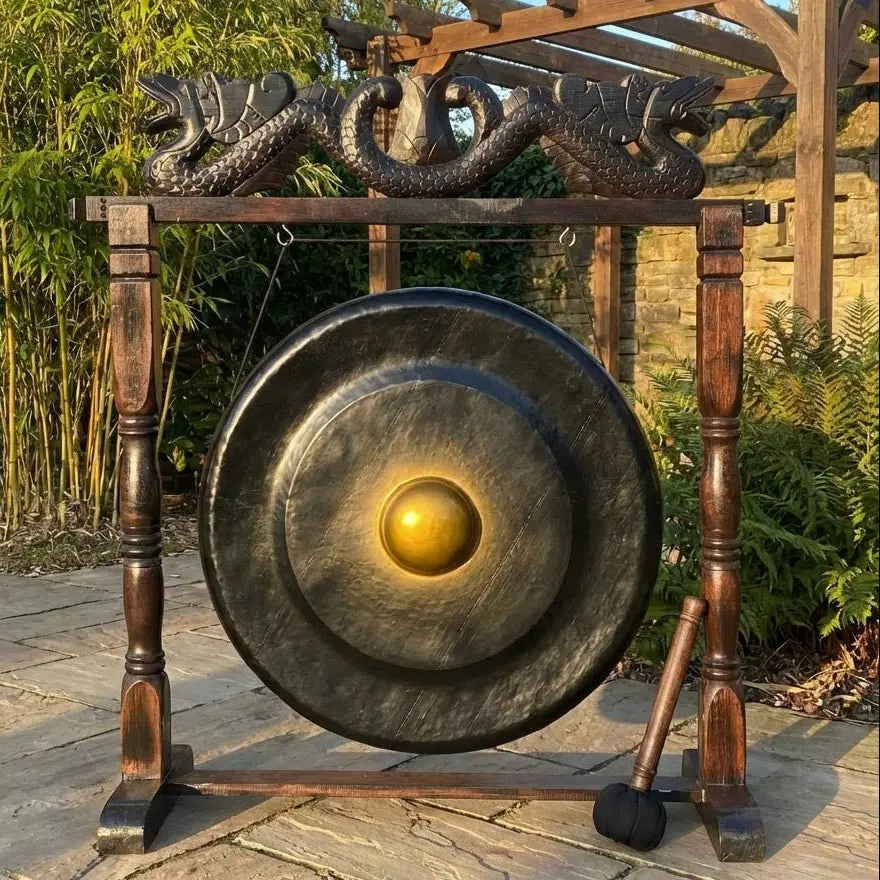 Grand Gong Balinais sur Support Sculpté – Gong Ø 80 cm – Hauteur totale 130 cm