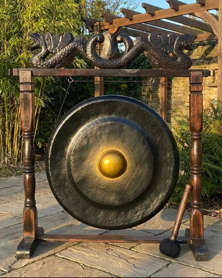 Grand Gong Balinais sur Support Sculpté – Gong Ø 80 cm – Hauteur totale 130 cm