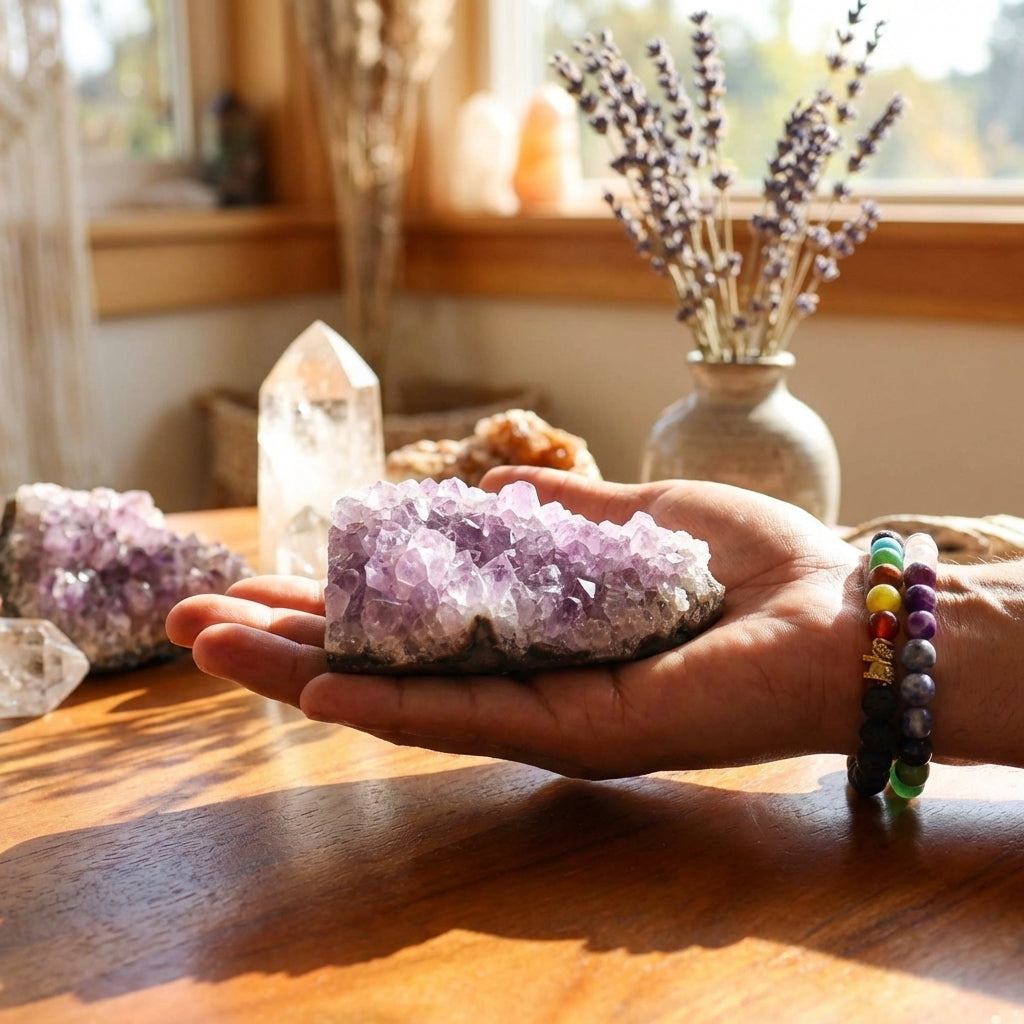 Amas d’Améthyste Naturelle Brut dans une main — 350 à 450 g (7,5 à 10 cm)