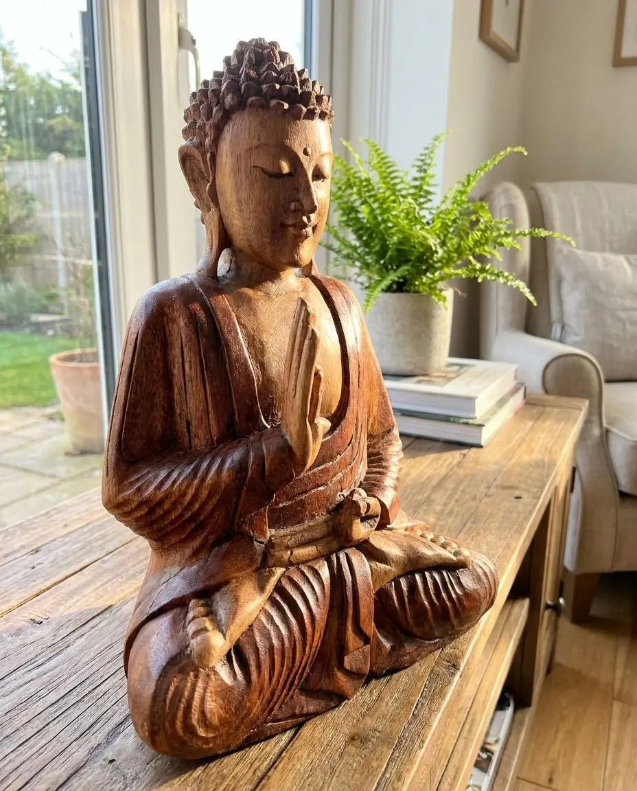 Statue Bouddha 30 cm sculptée à la main en Bois de Suar – Geste de la Transmission (Bali)