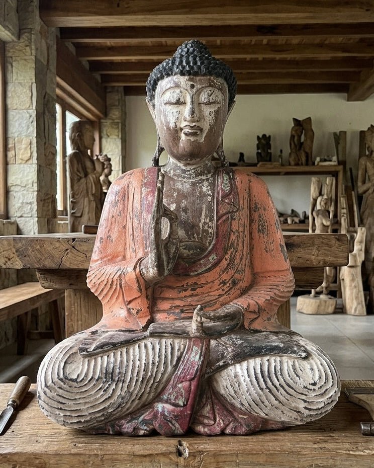 Kézzel faragott vintage narancssárga Buddha-szobor – 60 cm – Tanítás átadása