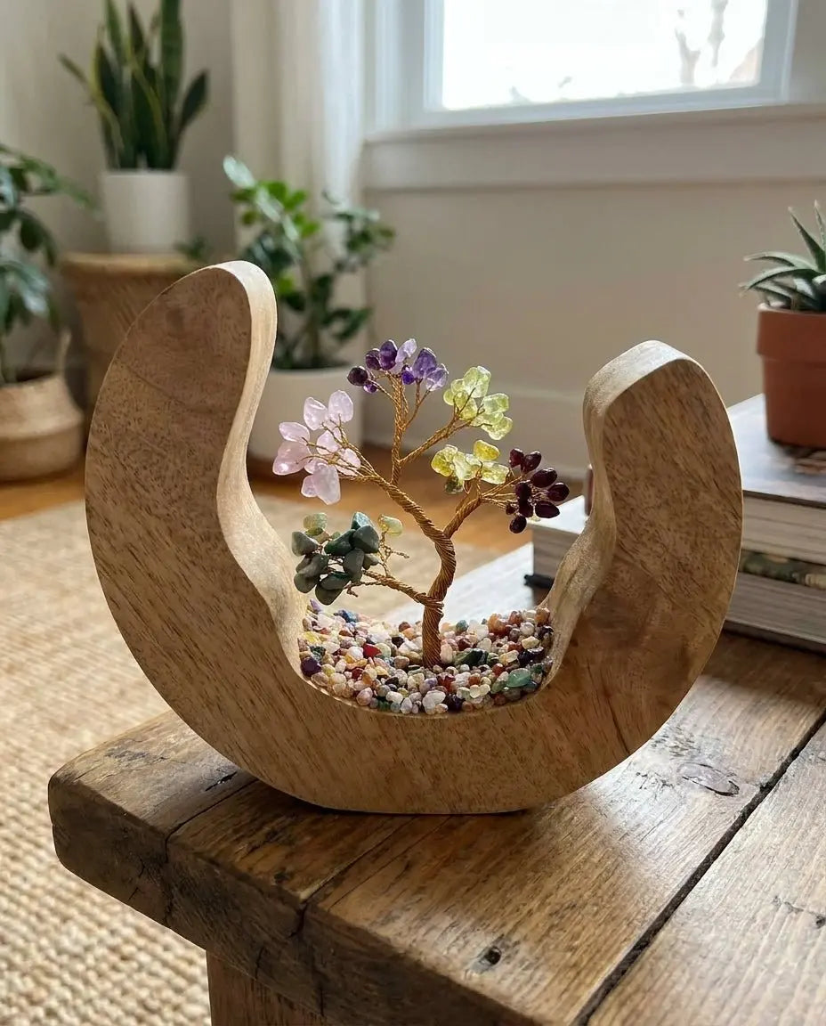 Jardin d’arbres en pierres des sept chakras (60 éclats) — anneau ouvert en bois de manguier
