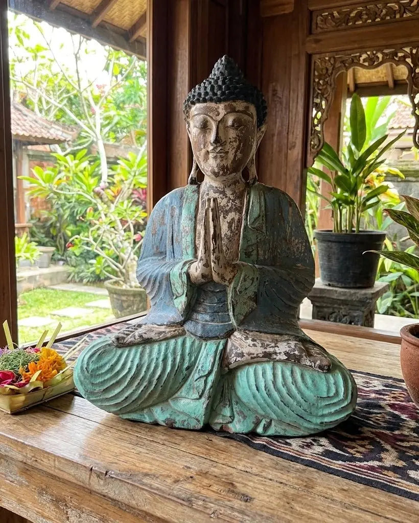 Statue de Bouddha Vintage Bleu Menthe 40 cm – Sculpture Artisanale Bois de Suar (Bali)