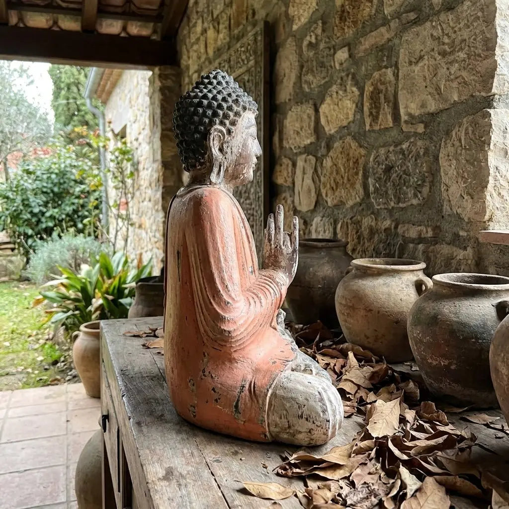 Statue de Bouddha Vintage Orange 40 cm – Sculpture Artisanale Bois de Suar (Transmission d’Enseignement) - vue de côté