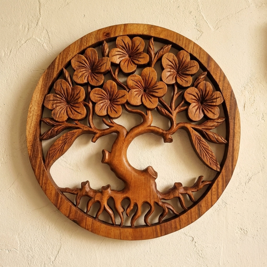 Panneau Mural Arbre de Vie Frangipanier sculpté à la main en Bois de Suar – 40 cm  Karmic Artisan
