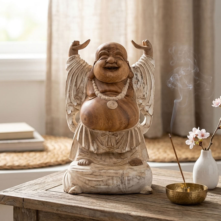 Håndskåret figur af en grinende Buddha i suartræ – 40 cm