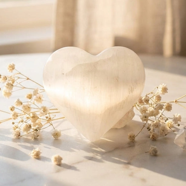 Cœur en sélénite naturelle 7–8 cm – Pierre décorative blanche translucide