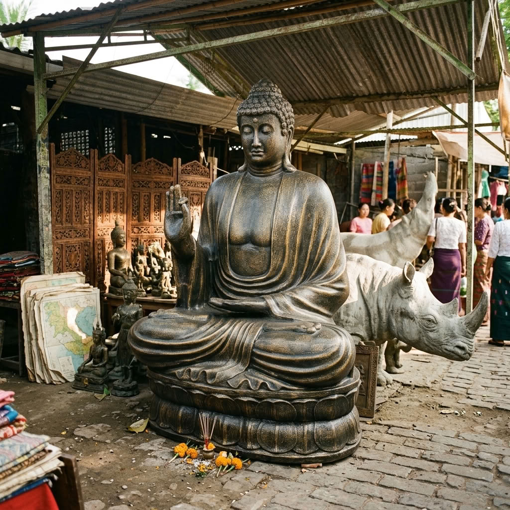 Kultainen jättiläismäinen Buddha-patsas 200 cm – opetusta antava Buddha lootuskukalla