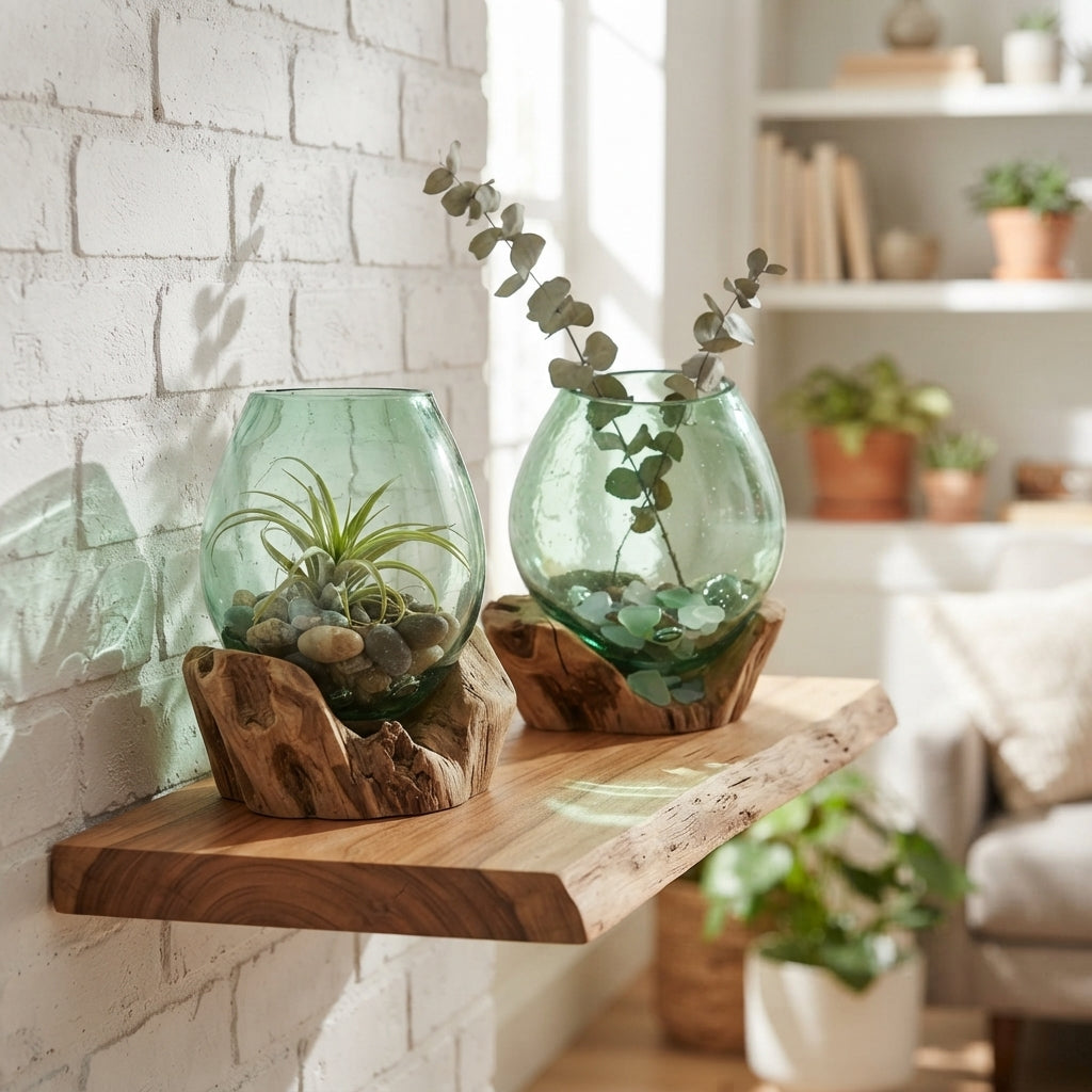 Petit Bol en Verre Recyclé sur Bois – Bouteille de Bière Recyclée – 18 cm
