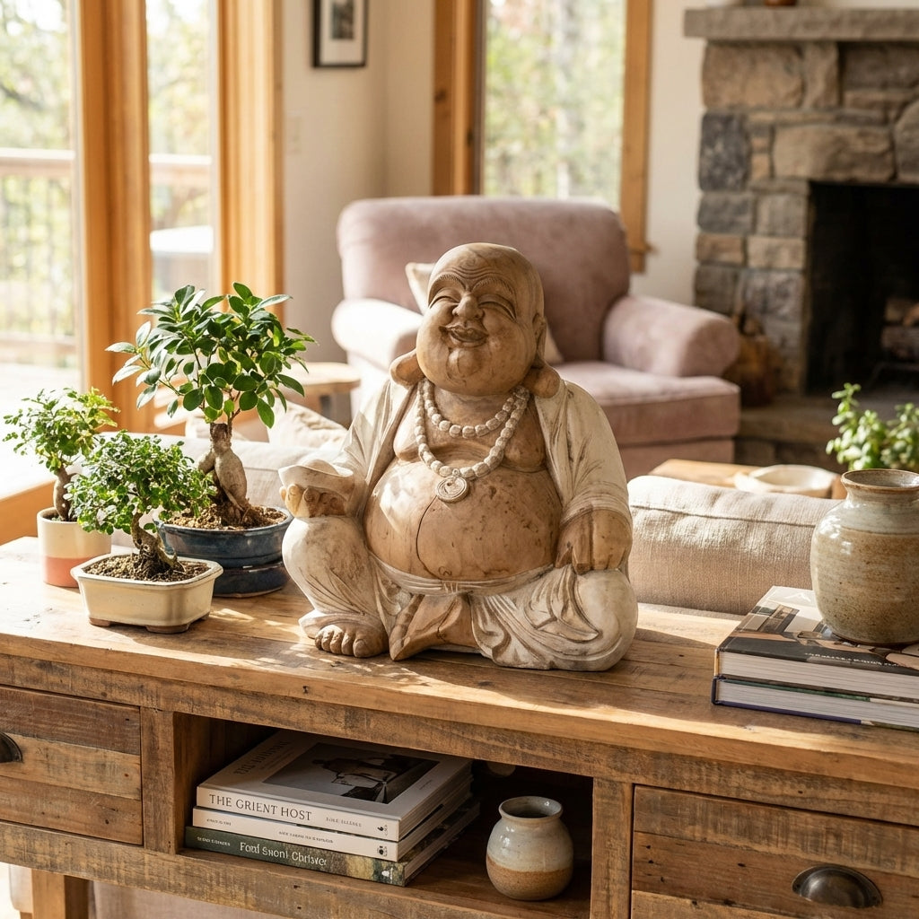 Statue de Bouddha sculptée à la main – 50 cm – Bouddha Rieur – Blanc vieilli - Karmic Artisan