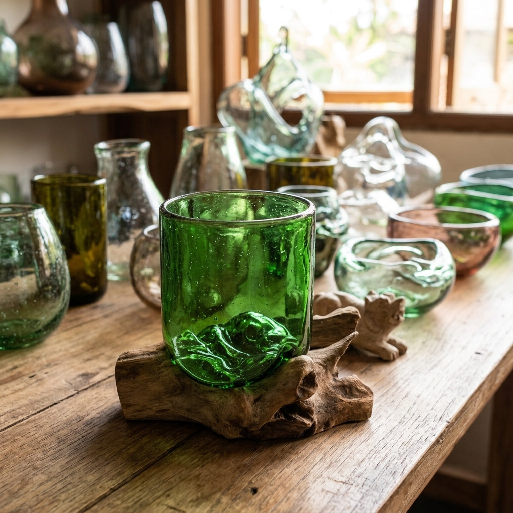 Verre décoratif fabriqué à partir d’une bouteille de bière recyclée fondue sur un socle en bois de Gamal