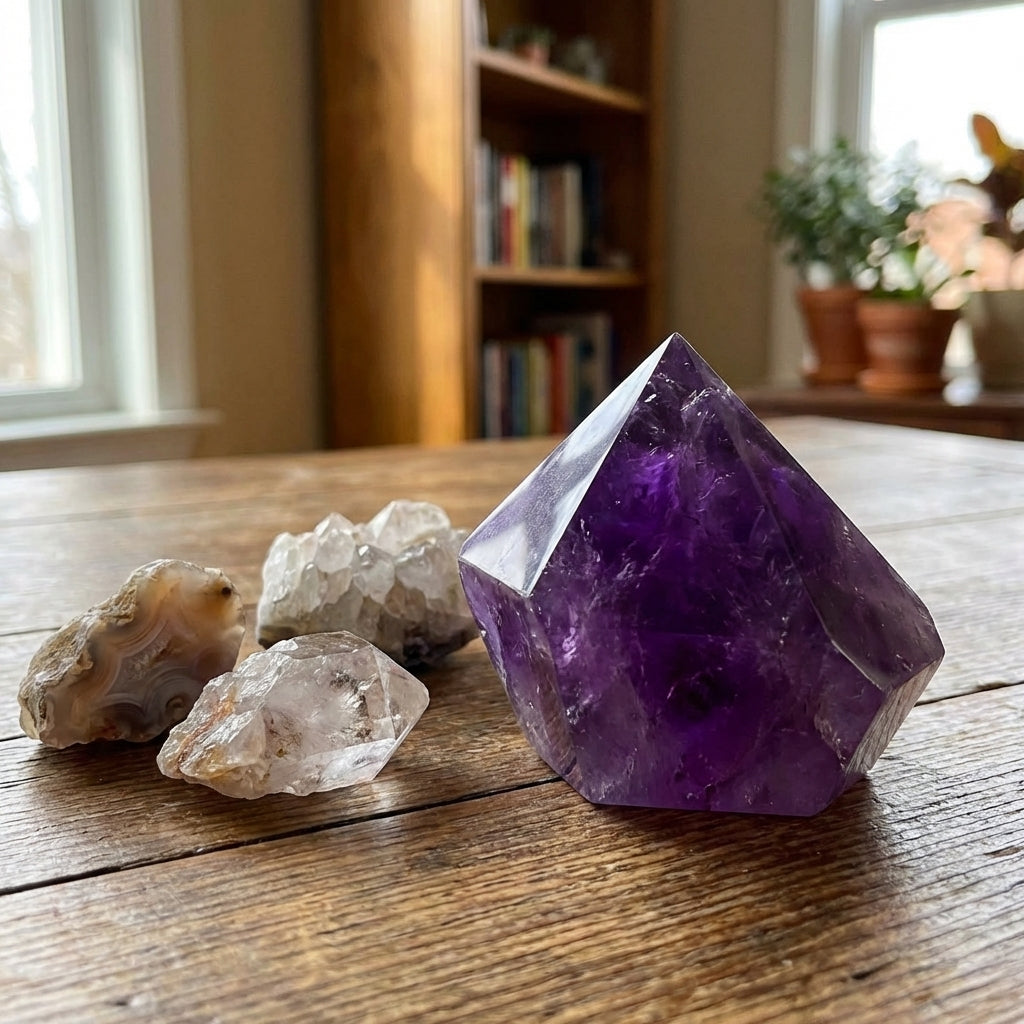 pointe d’améthyste naturelle violet profond sur surface bois texture cristal