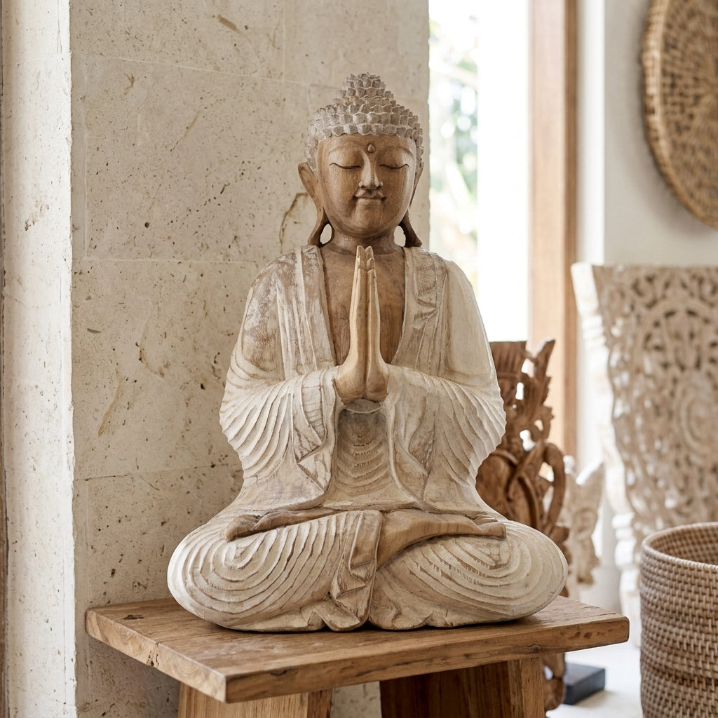 Statue de Bouddha en Mudra Namasté – Bois de Suar Massif Blanchi – 40 cm (4,5 kg) 