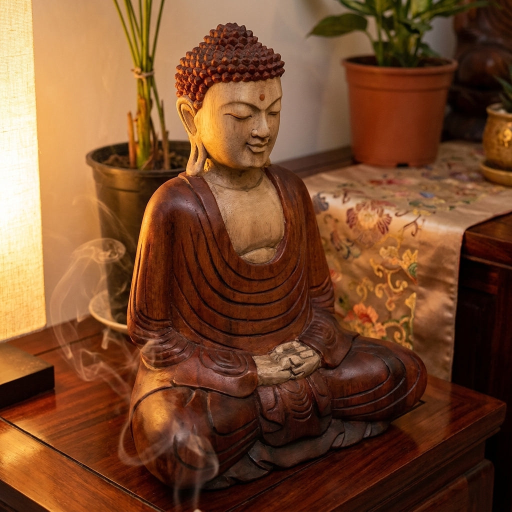 Statue de Bouddha en bois sculptée à la main – 40 cm – Bouddha Mains vers le bas