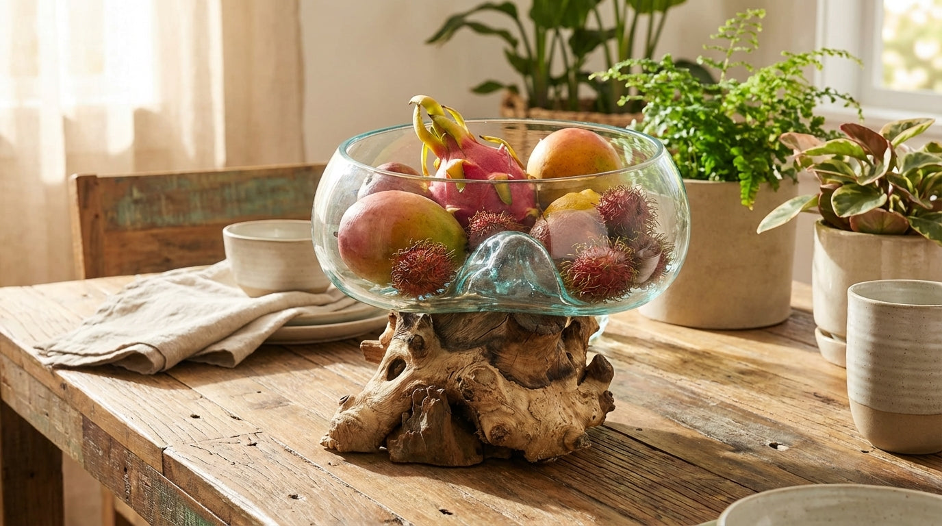 Grand bol en verre fondu sur bois de Gamal remplit de fruits – 20 cm – fabrication artisanale balinaise
