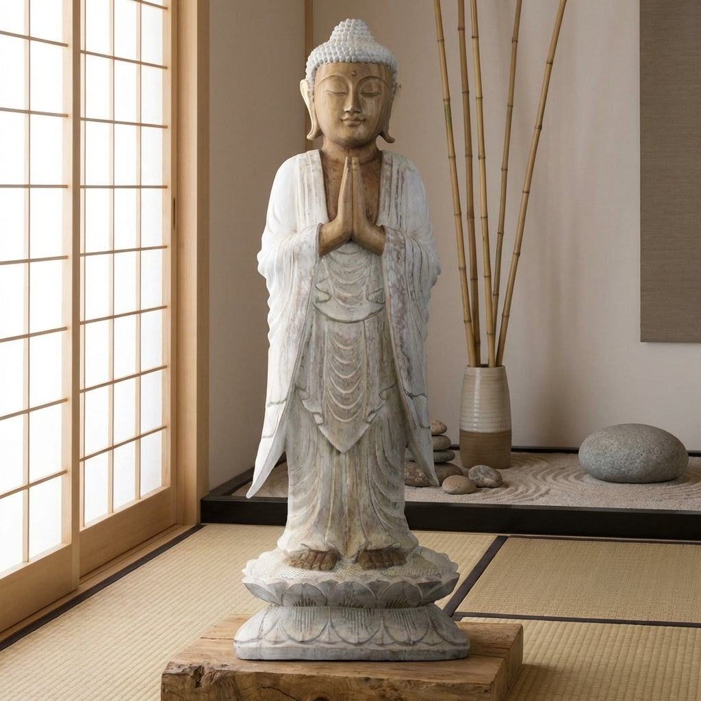 Grande statue de Bouddha – 100 cm – bois de Suar massif sculpté à la main