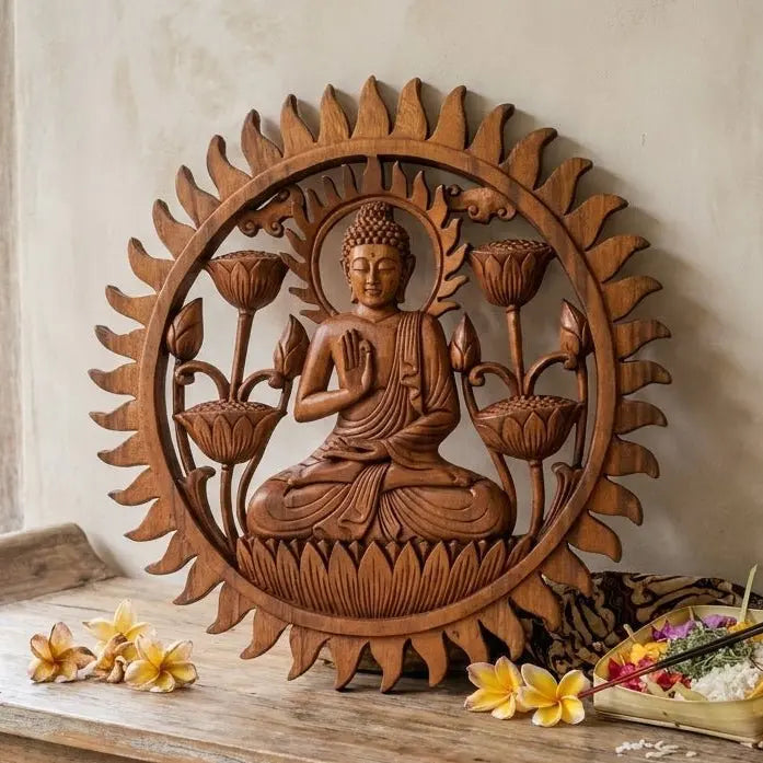 Panneau Mural Bouddha et Lotus Sculpté à la Main en Bois de Suar – 40 cm