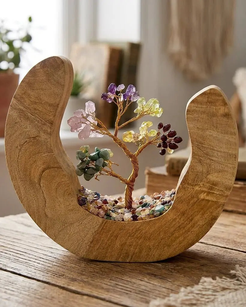 Jardin d’arbres en pierres des sept chakras (60 éclats) — anneau ouvert en bois de manguier