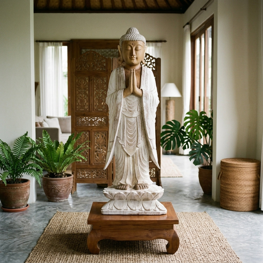 Grande statua di Buddha – 100 cm – in legno di Suar massiccio scolpito a mano