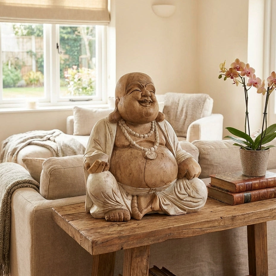 Statue de Bouddha sculptée à la main – 50 cm – Bouddha Rieur – Blanc vieilli - Karmic Artisan