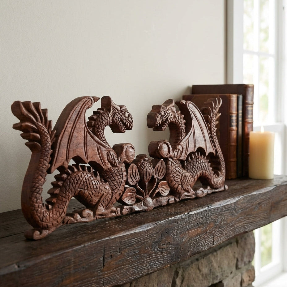 Plaque Sculptée Dragon à Deux Faces – 40 × 15 cm 🐉