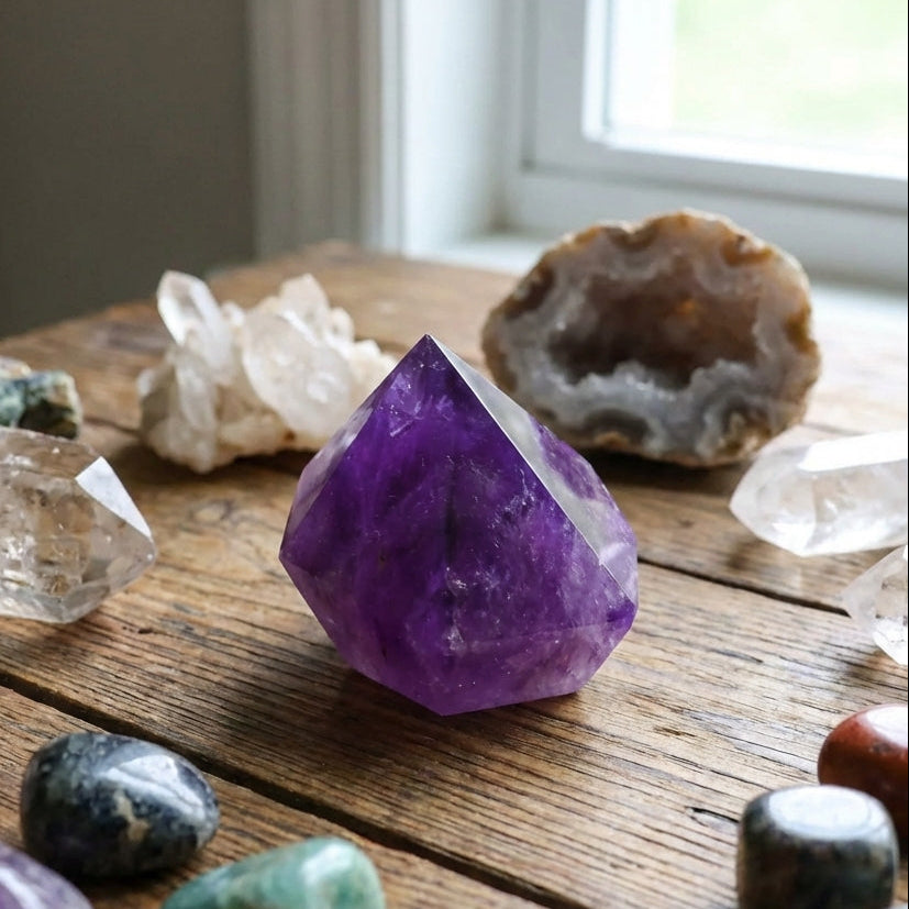 pointe d’améthyste naturelle violette posée sur table bois avec cristaux quartz