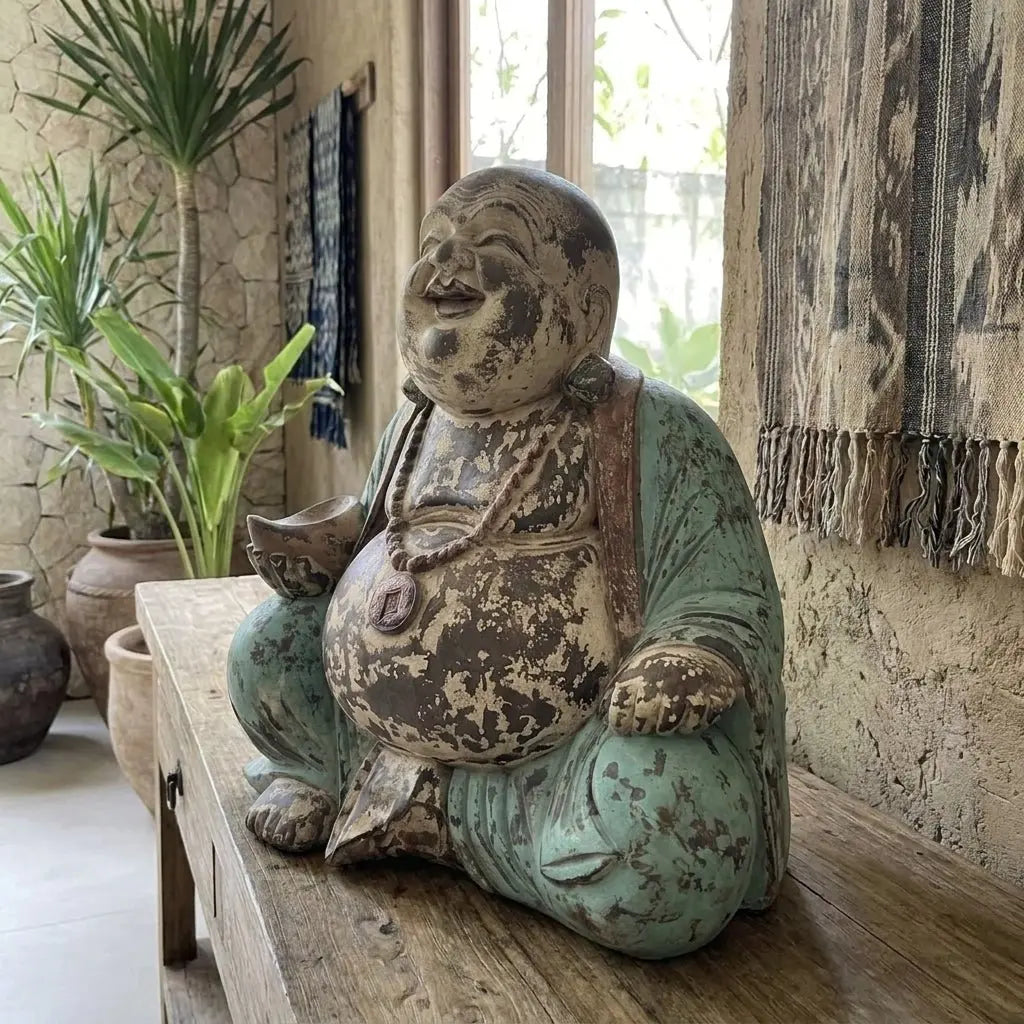 Statue de Bouddha sculptée à la main - 40 cm - Bouddha joyeux bleu vintage - Karmic Artisan