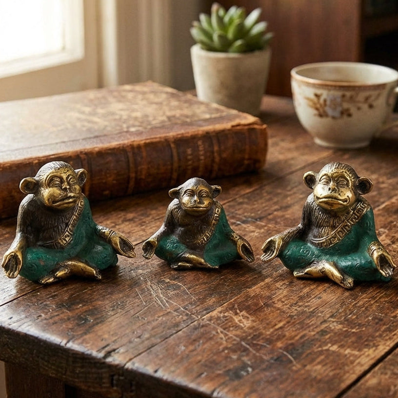 Set de 3 Singes en Laiton – Statuettes Yoga &amp; Décoration Feng Shui – 5 à 6 cm