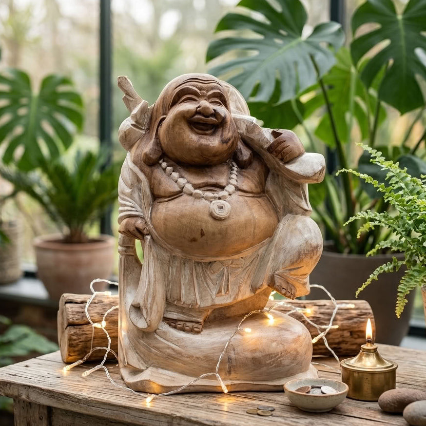 Kézzel faragott, nevető Buddha szobor suar fából - 30 cm - fehérített kivitel