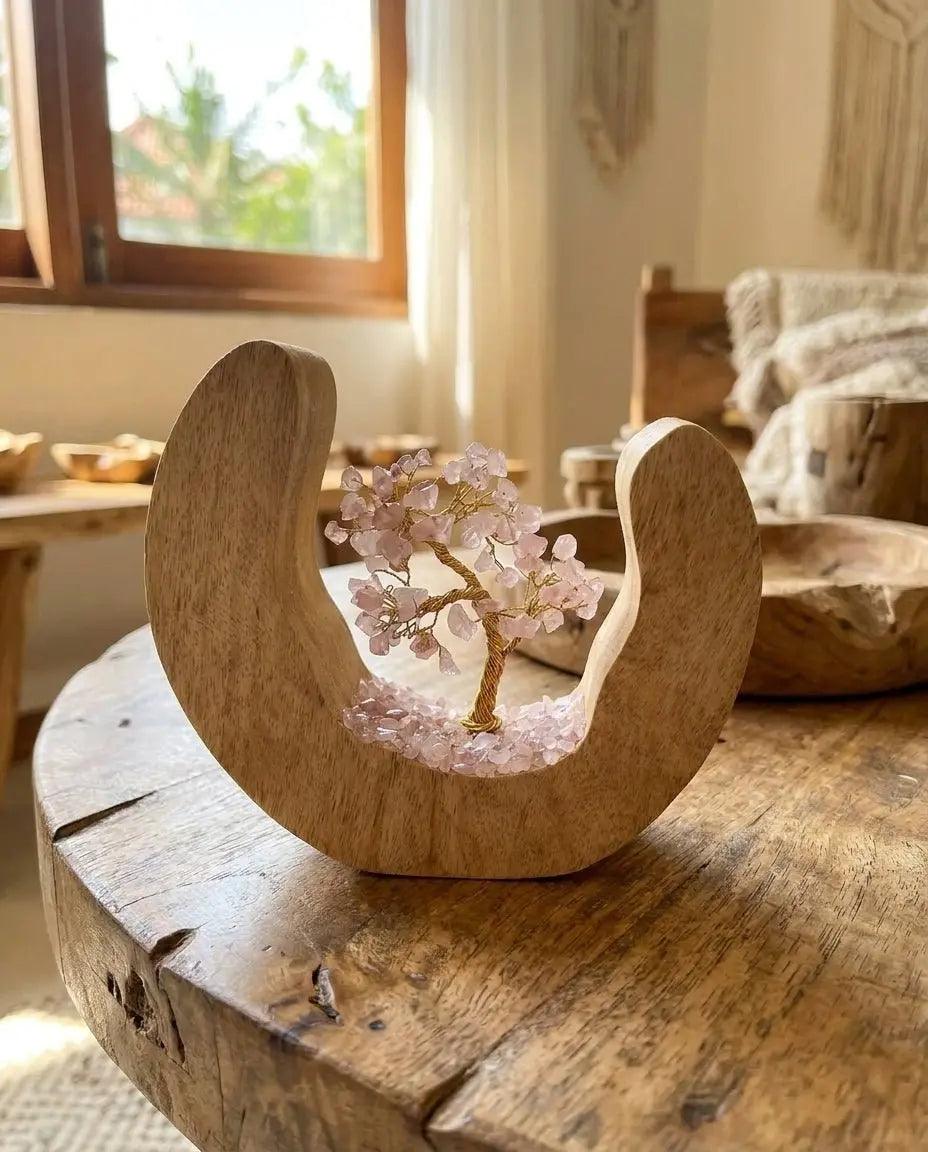 Arbre de vie quartz rose sur anneau ouvert bois de manguier 60 pierres