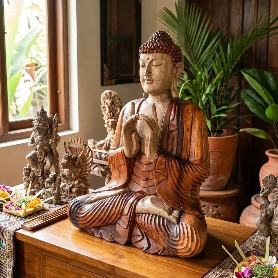 Statue de Bouddha sculptée à la main en bois de Suar – 60 cm – Deux mains