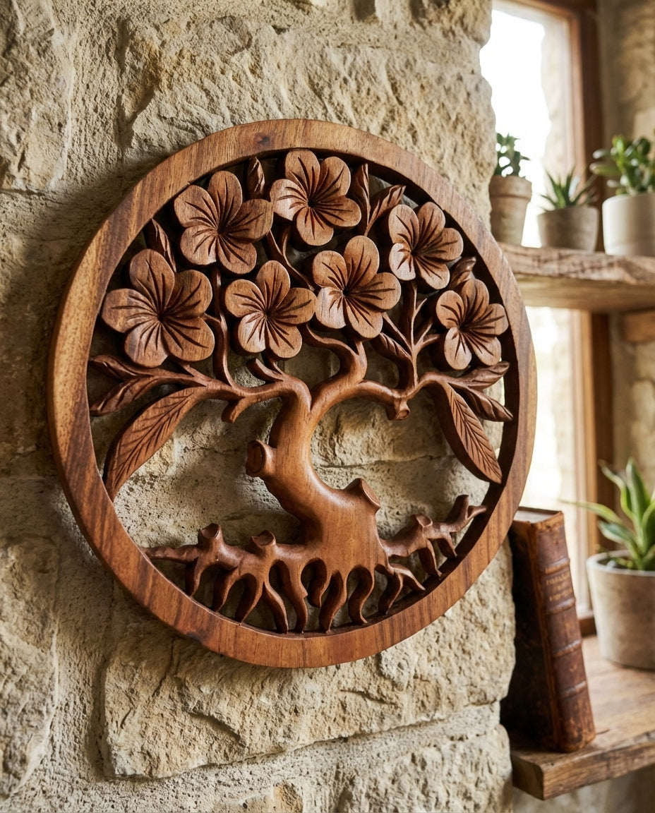 Panneau Mural Arbre de Vie Frangipanier sculpté à la main en Bois de Suar – 40 cm  Karmic Artisan