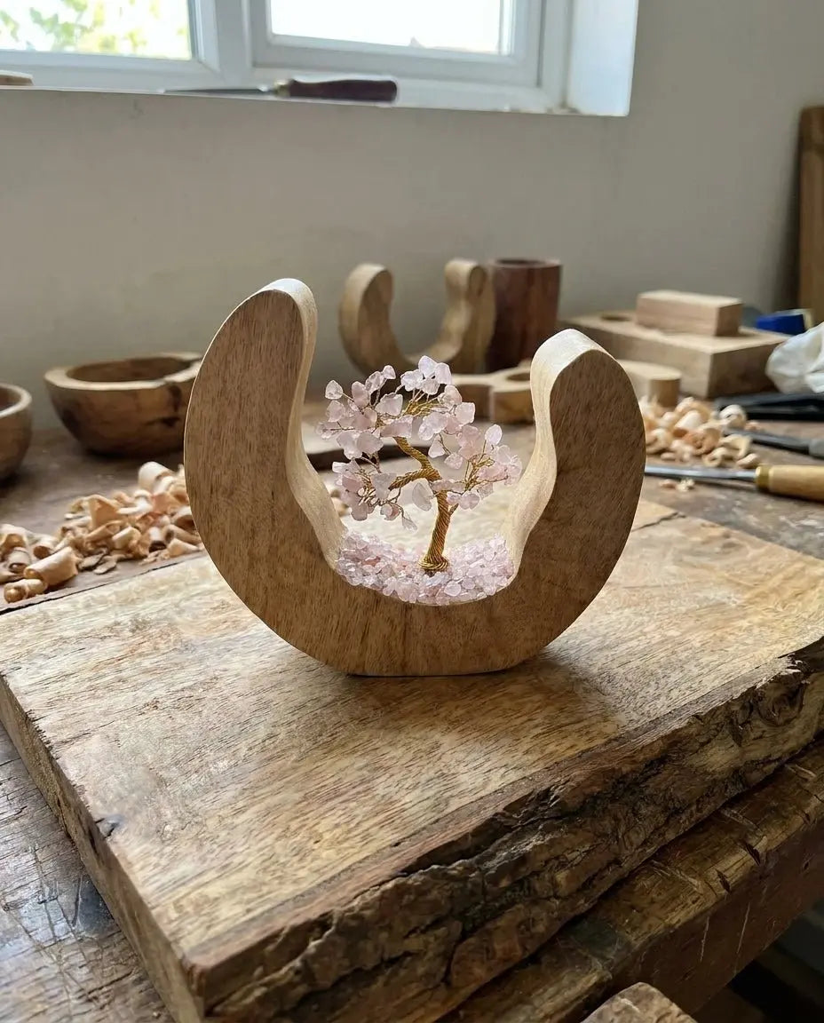 Arbre de vie quartz rose sur anneau ouvert bois de manguier 60 pierres