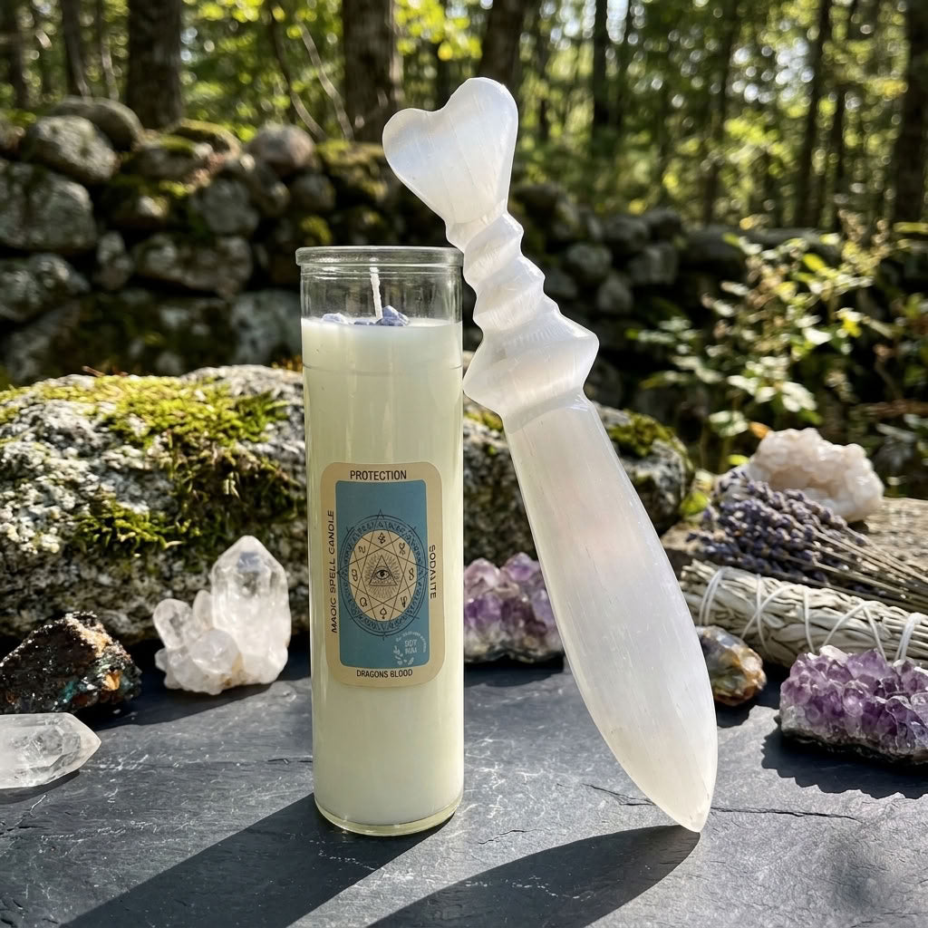 Couteau rituel en sélénite naturelle 25 cm – Spirale artisanale