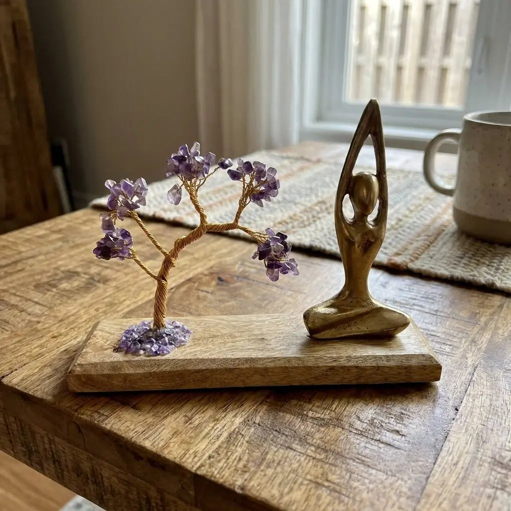 Jardin de yoga en améthyste – Pose Sukhasana – Arbre incliné – 100 pierres